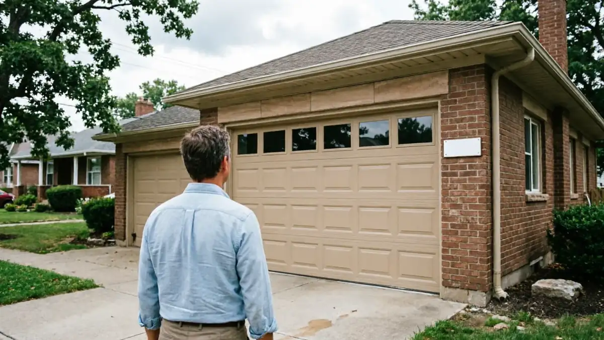 A man stands in a driveway looking at a beige garage door on a brick house.