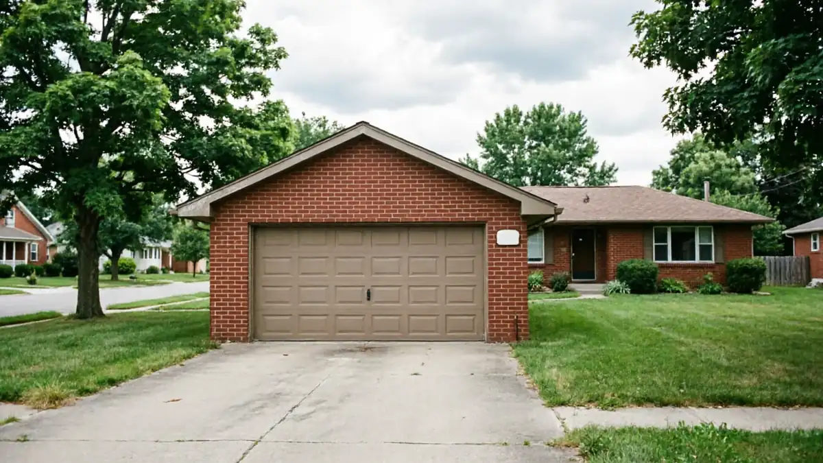 A brown garage door is on a red brick house with a green lawn.