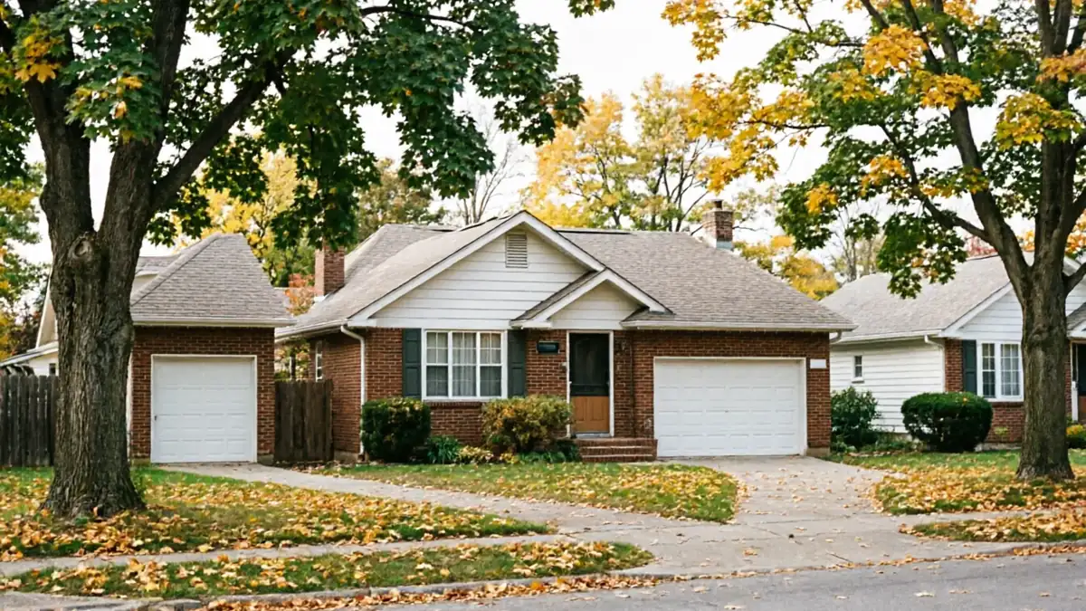 A brick house with a white garage door and a separate brick garage with a white door.