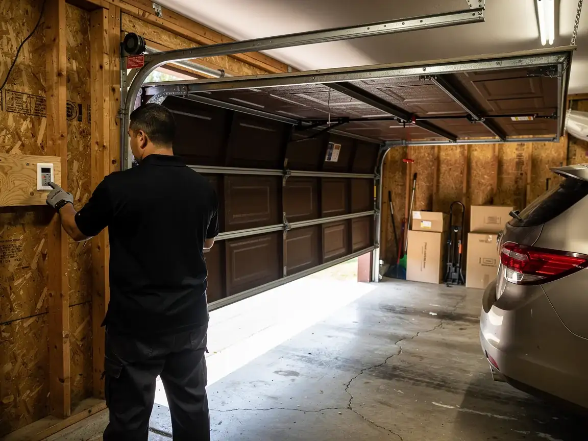 A technician operates a brown garage door from a wall-mounted control panel.