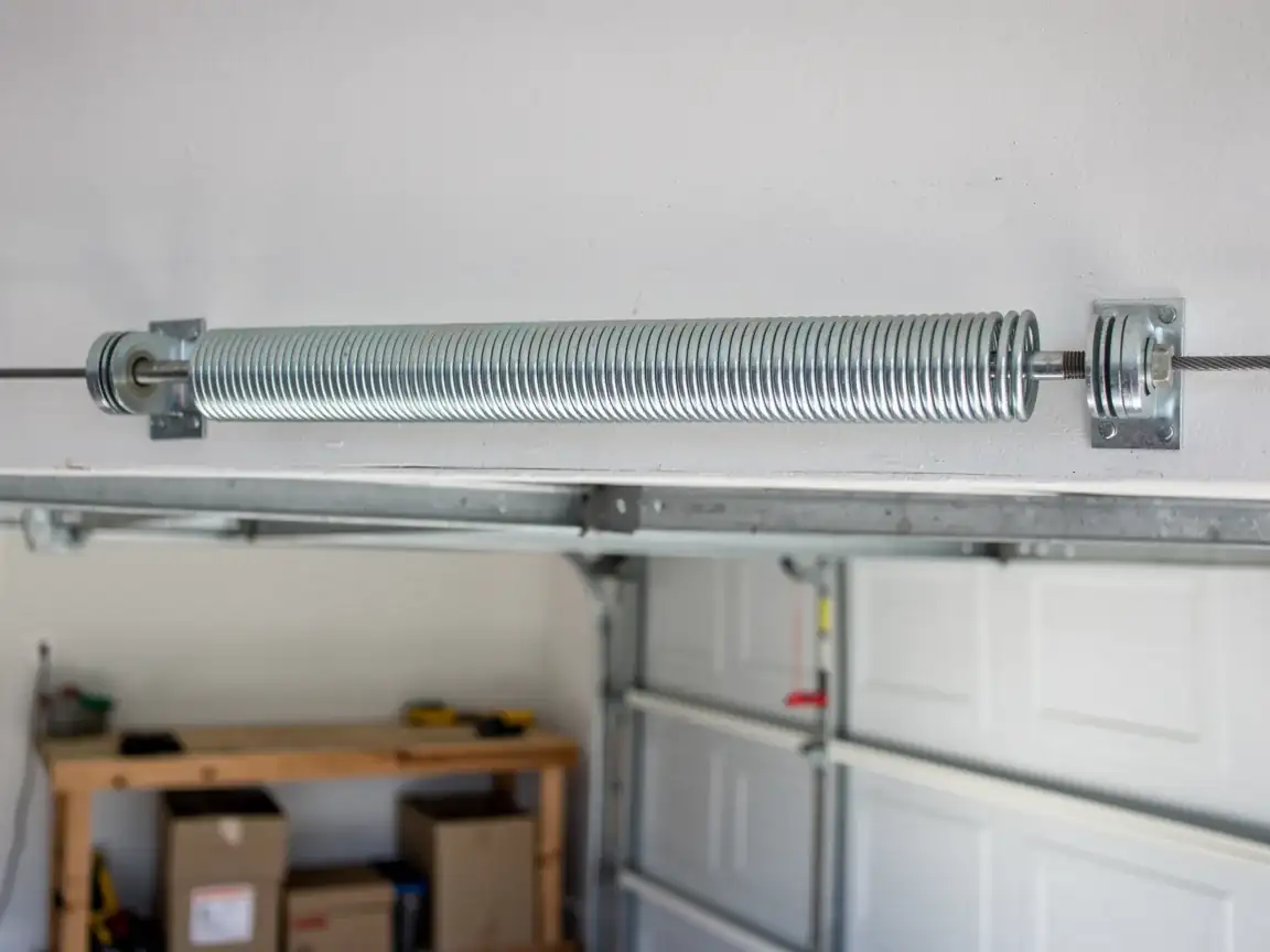 A new extension spring is installed above a white garage door.